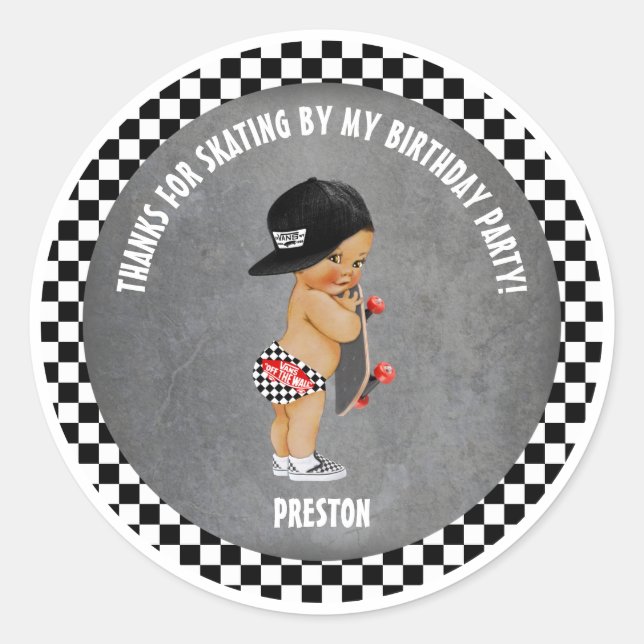 Skateboard Boy Hat Skater Red Gray Black Check Classic Round Sticker (Front)