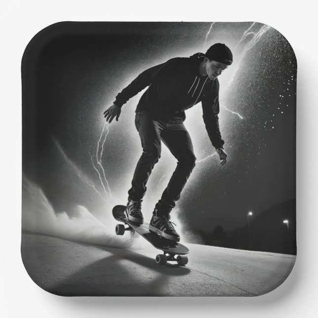 Skateboard Boy With Lightning Paper Plates (Front)