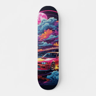 Skateboard Car with pink and blue clouds and Moon