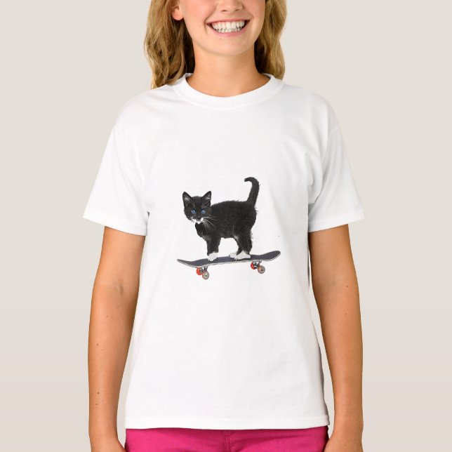 Skateboard cat, black cat T-Shirt (Front)