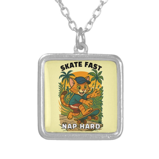 Skateboard cat silver plated necklace (Front)