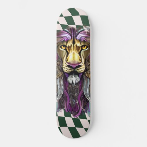 Skateboard Checkered Retro green purple Lion