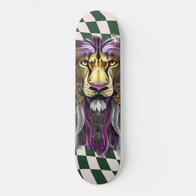 Skateboard Checkered Retro green purple Lion (Front)