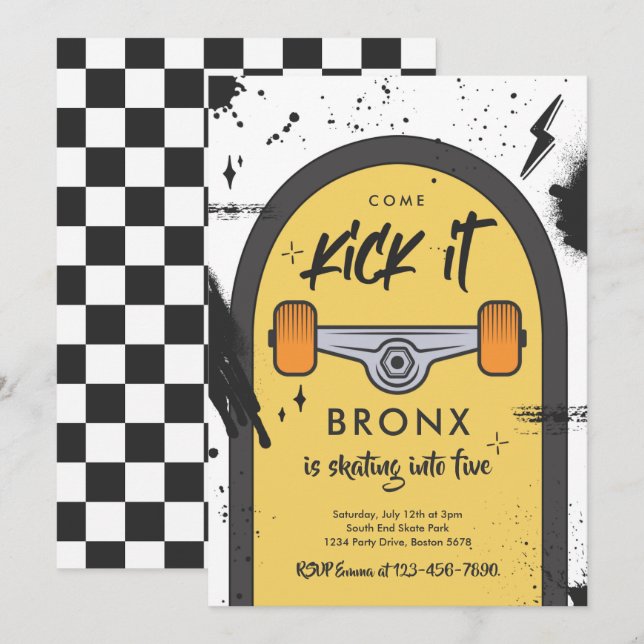 Skateboard Come Kick It Urban Sport Birthday Party Invitation (Front/Back)