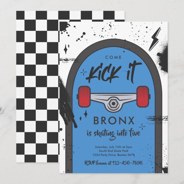 Skateboard Come Kick It Urban Sport Birthday Party Invitation (Front/Back)
