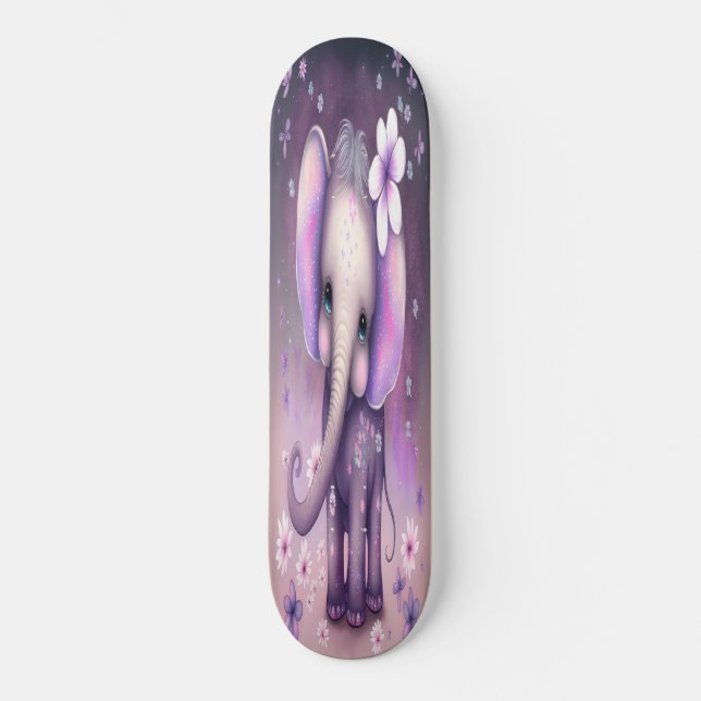 Skateboard Girly white flowers baby elephant  (Front)