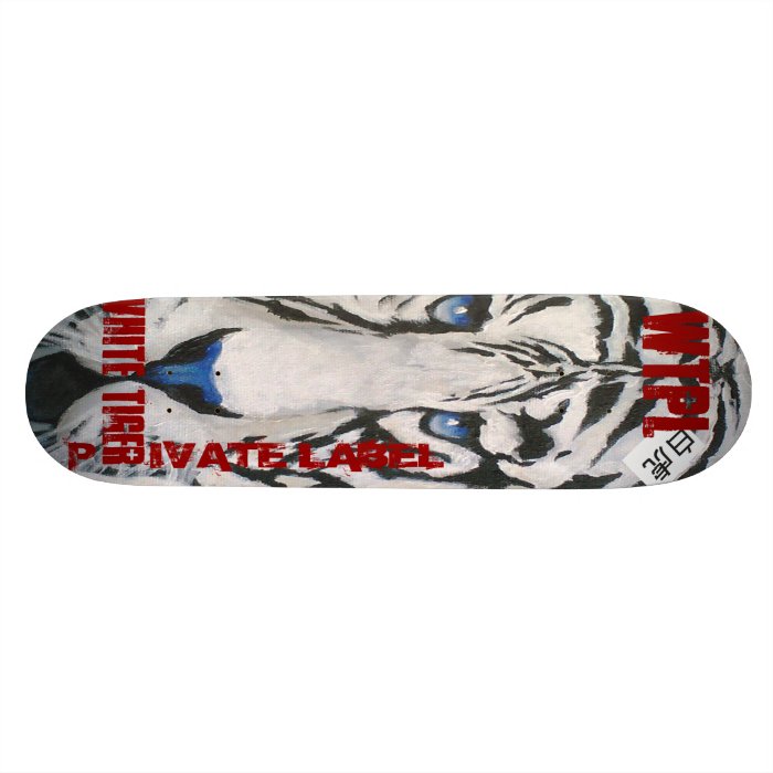Skateboard graphic with a white tiger/red letters.