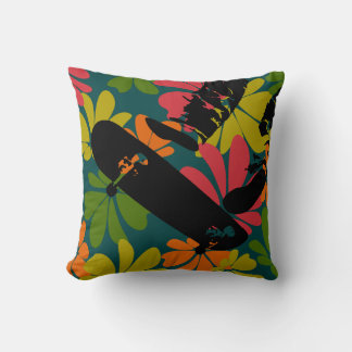 Skateboard Jump 60s Floral Teal Brite Throw Pillow