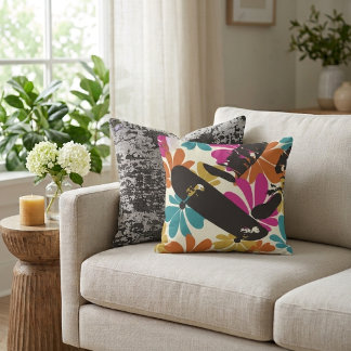 Skateboard Jump 60s Floral Throw Pillow