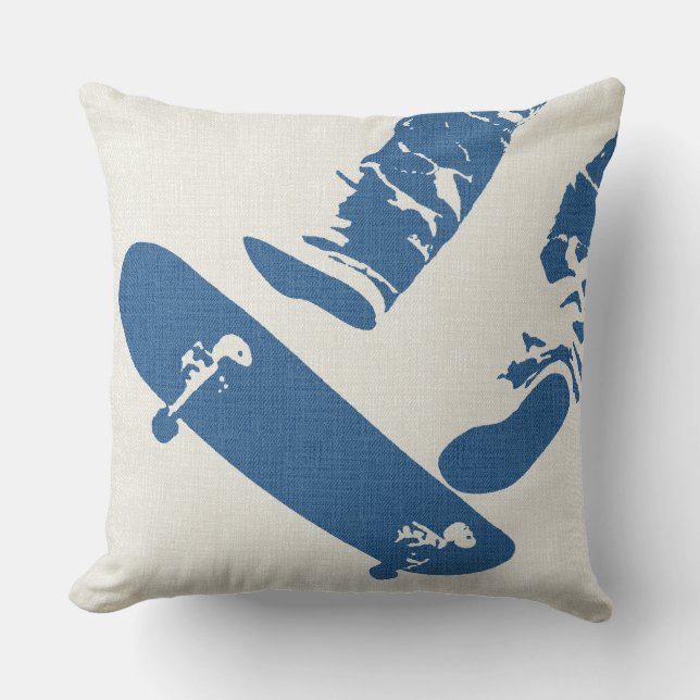 Skateboard Jump – Urban Blue & White Denim Look Throw Pillow (Front)