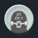 Skateboard Let's Kick It Birthday Paper Plates<br><div class="desc">Skateboard Let's Kick It,  Birthday party plates with blue check and skateboard.</div>