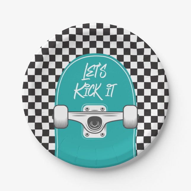 Skateboard Let's Kick It Birthday Paper Plates (Front)