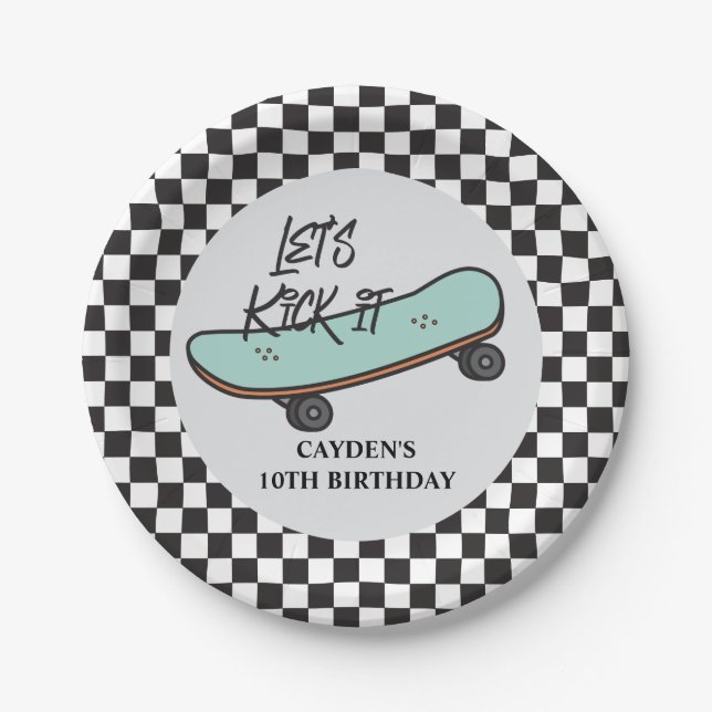 Skateboard Let's Kick It Birthday Paper Plates (Front)