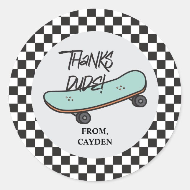 Skateboard Let's Kick It Birthday Thank You Favor Classic Round Sticker (Front)
