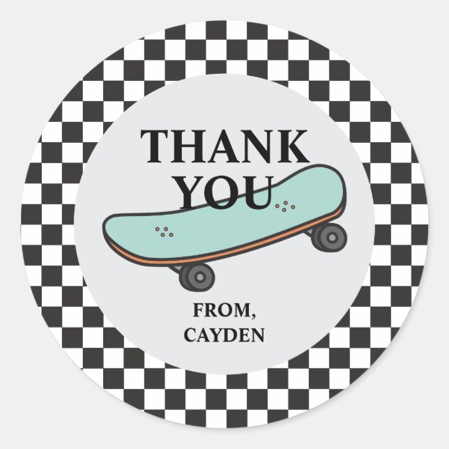Skateboard Let's Kick It Birthday Thank You Favor Classic Round Sticker (Front)