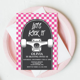 Skateboard Let's Kick It PINK Birthday Invitation