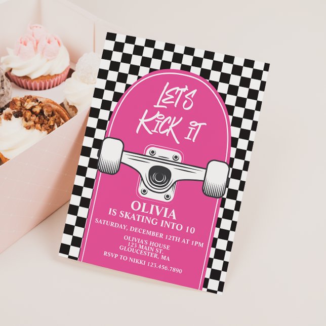 Skateboard Let's Kick It PINK Birthday Invitation (Creator Uploaded)