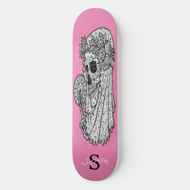 skateboard Monogram Pink Wedding Skull (Front)