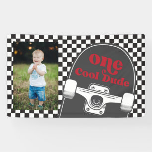 Skateboard One Cool Dude Birthday Photo Banner