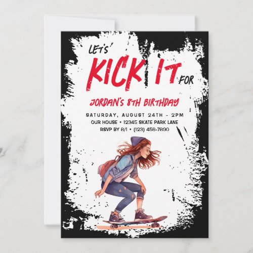 Skateboard Photo Grunge Skate Girls Birthday Party Invitation