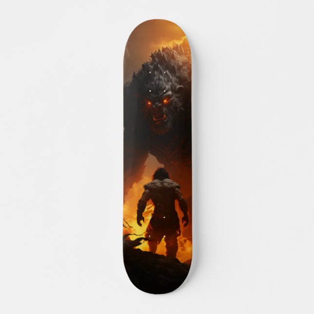 Skateboard Prehistoric Man Facing Monster (Front)