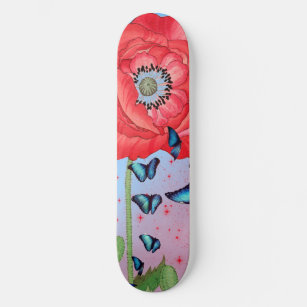 SKATEBOARD RED POPPIES AND BLUE BUTTERFLIES
