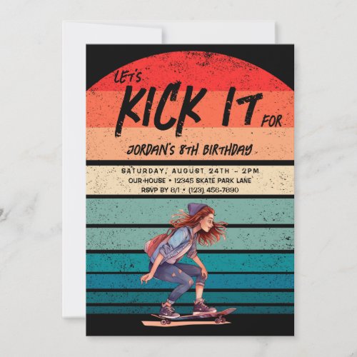 Skateboard Retro Sunset Photo Girls Birthday Party Invitation