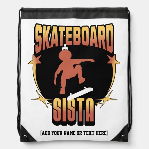 SKATEBOARD SISTA Afro Skateboarding Custom Name Drawstring Bag