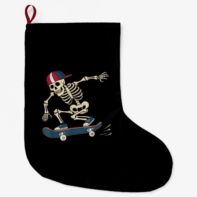 Skateboard Skeleton Halloween Skateboarding Skater Large Christmas Stocking (Front)