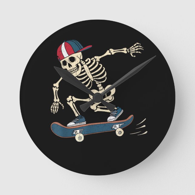 Skateboard Skeleton Halloween Skateboarding Skater Round Clock (Front)