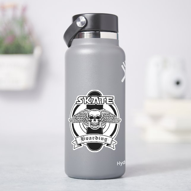 Skateboard Skull Black White 4" Kiss Cut Vinyl  Sticker (HydroFlask)