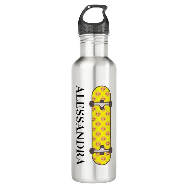 Skateboard smiling face pattern & custom name stainless steel water bottle (Front)