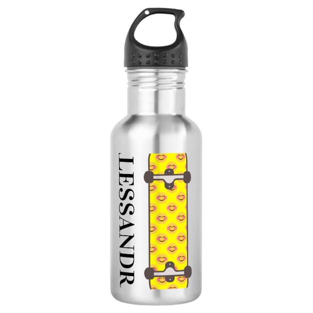 Skateboard smiling face pattern & custom name stainless steel water bottle (Front)