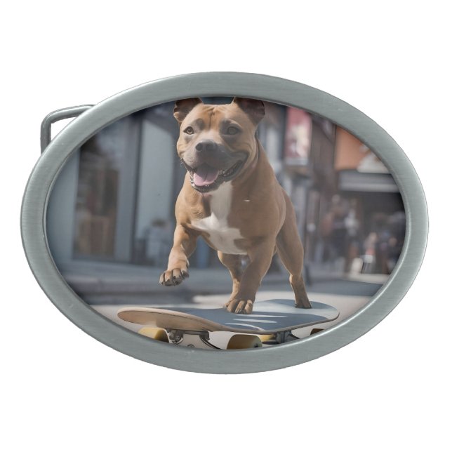 Skateboard Stunt: A Staffy on the Move Belt Buckle (Front)