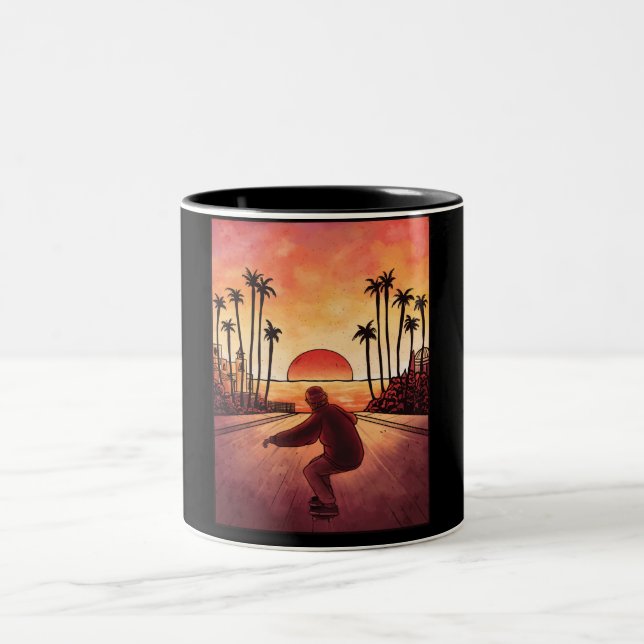 Skateboard Sunset Palm Trees Design Two-Tone Coffee Mug (Center)