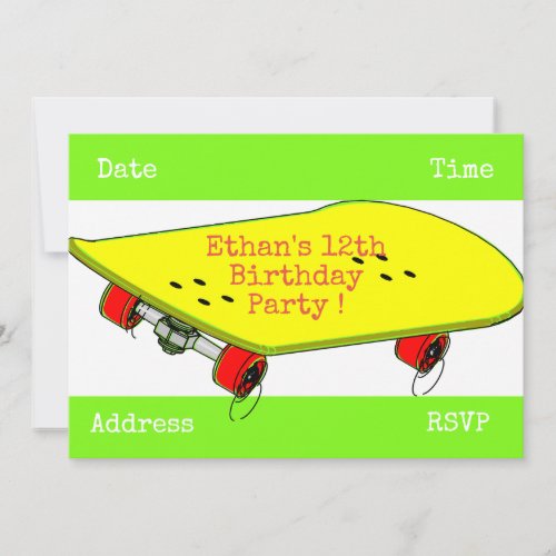 Skateboard teenage boys birthday party invitation