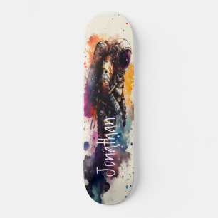 Skateboard Watercolor Flying Astronaut