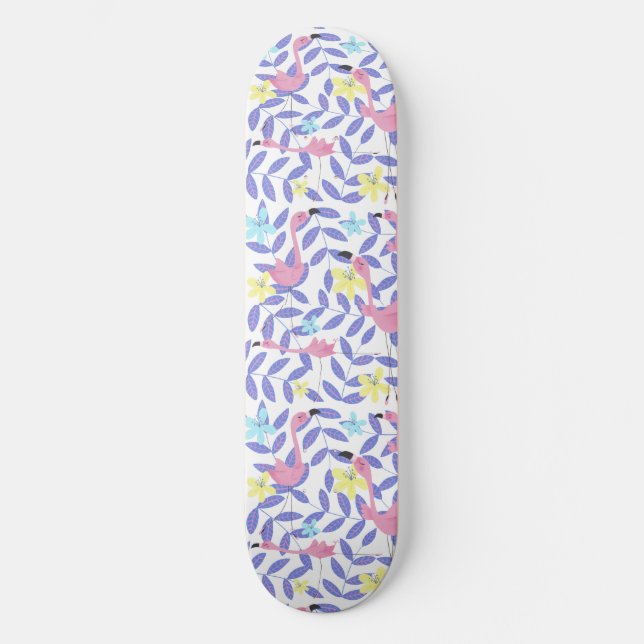 Skateboard with pink flamingo print and tropical s (Front)