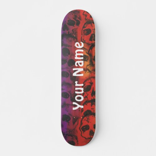 Skateboard with Red and Purple Skulls