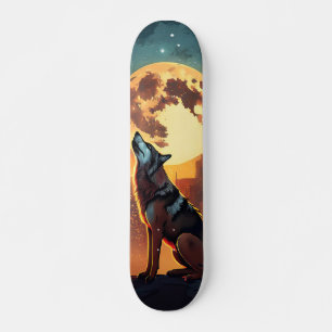 Skateboard Wolf Howling in the City and Moon