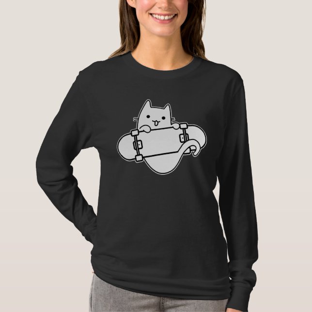 Skateboarder Cat Skateboarding on Skateboard Outli T-Shirt (Front)