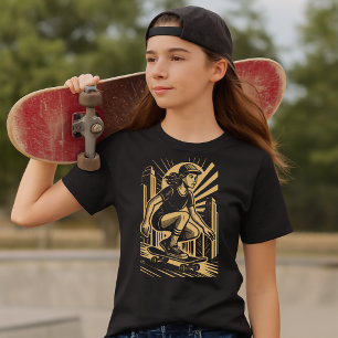 Skateboarder Girl In Retro Art Deco Gold Style T-Shirt