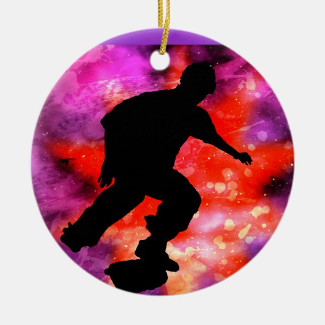 Skateboarder in Cosmic Clouds Ceramic Ornament (Front)