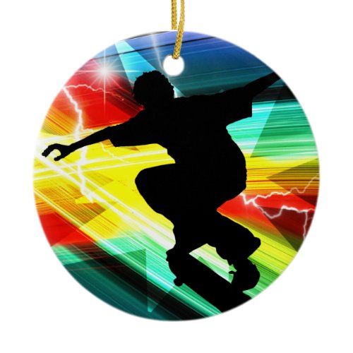 Skateboarder in Criss Cross Lightning Ceramic Ornament