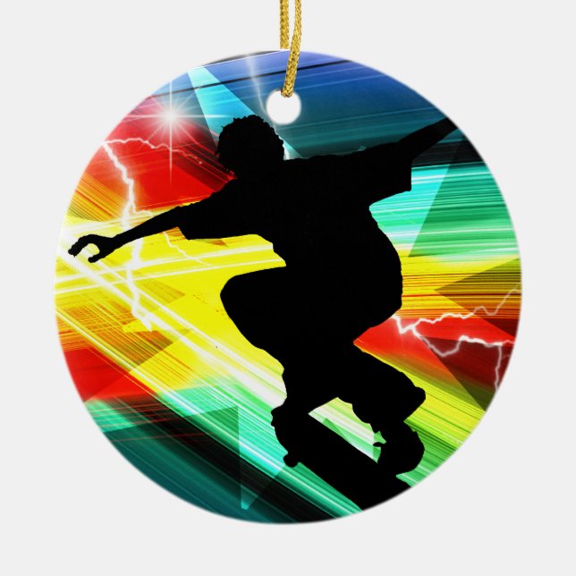 Skateboarder in Criss Cross Lightning Ceramic Ornament (Front)