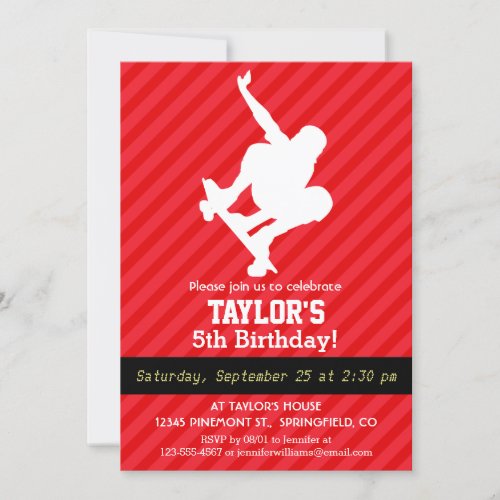 Skateboarder Scarlet Red Stripes Invitation