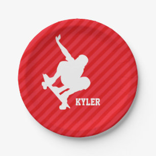 Skateboarder; Scarlet Red Stripes Paper Plates