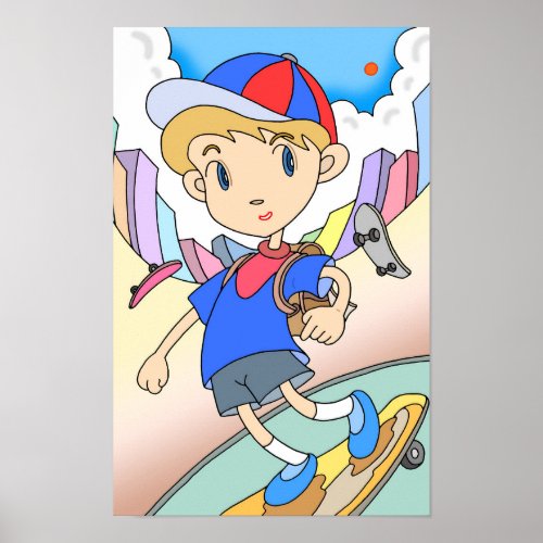 Skateboarder speeds through the city streets. poster