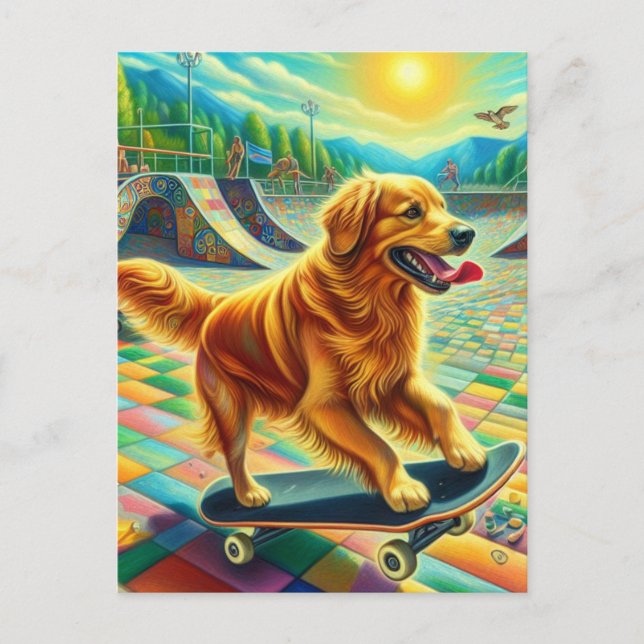 Skateboarding Adorable Golden Retriever Dog  Postcard (Front)