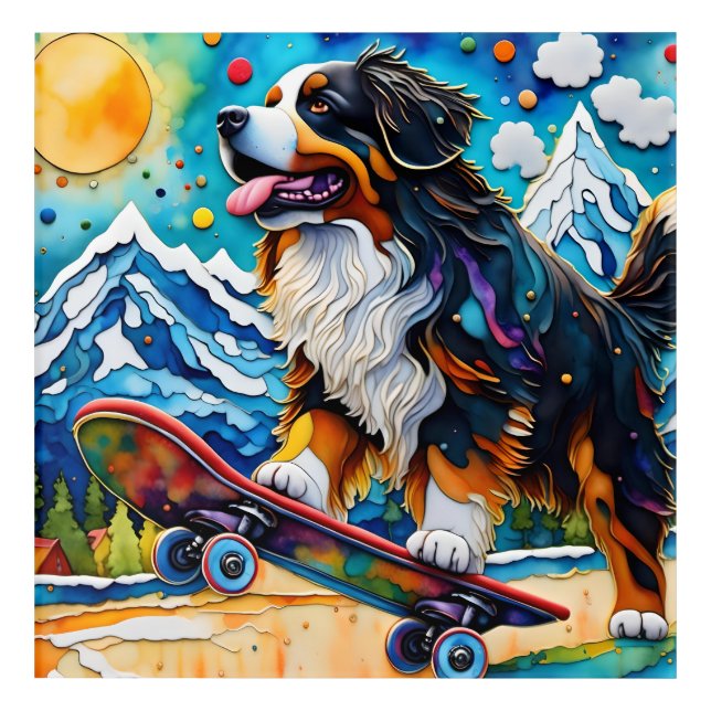 Skateboarding Bernese Mountain Dog Acrylic Print (Front)